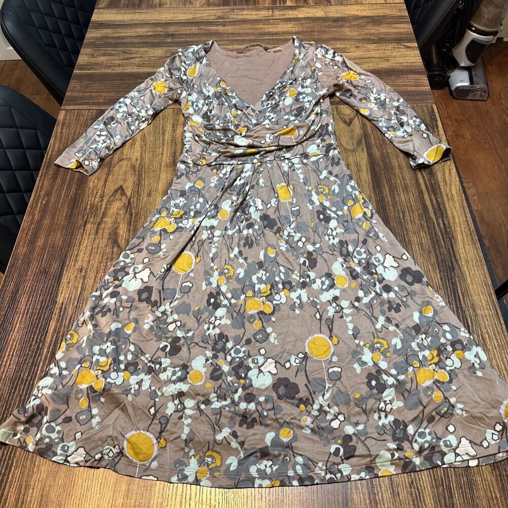Boden Limited Edition Silk Blend Taupe Floral Faux Wrap Dress - Size US6 UK10